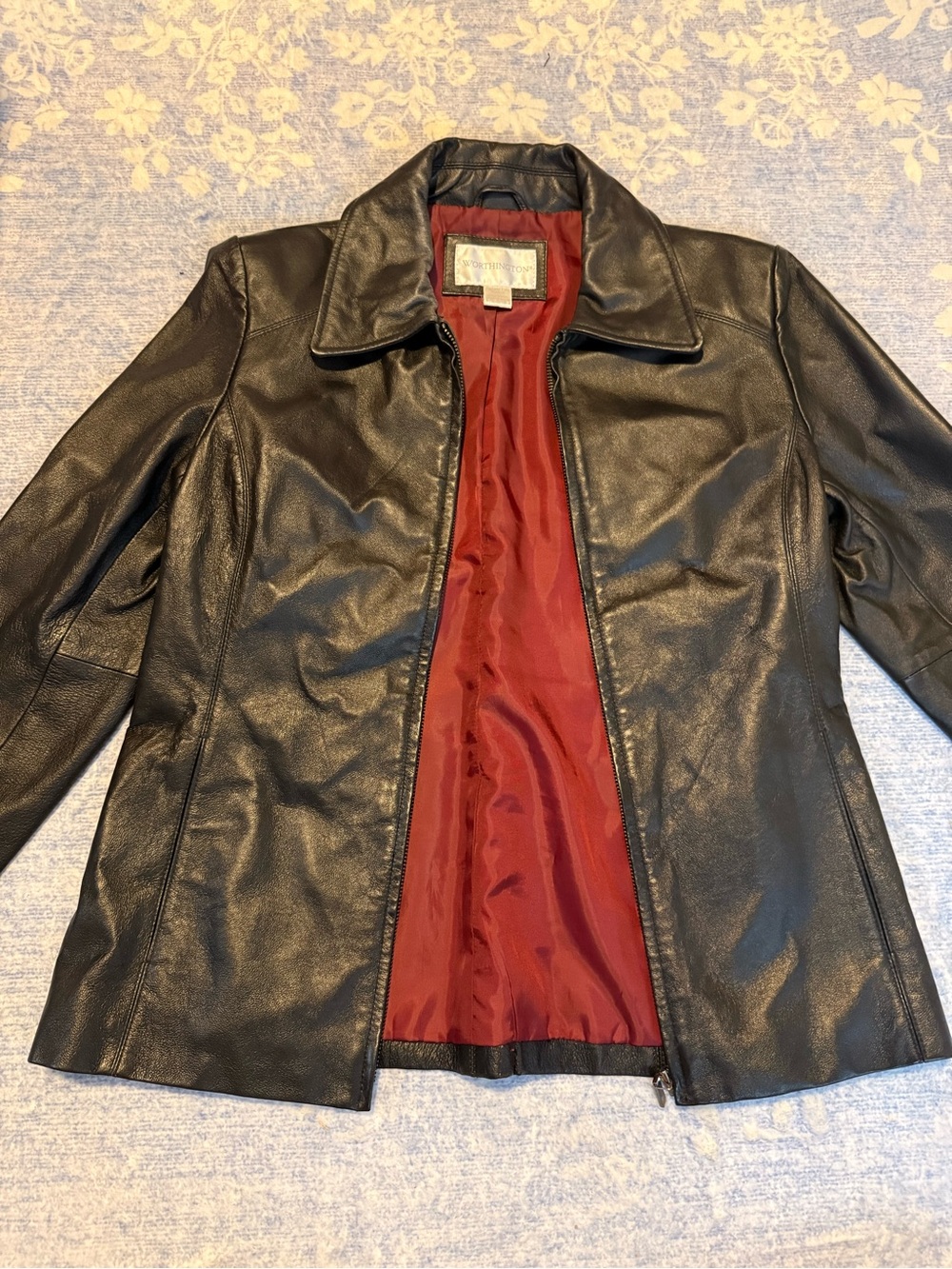Worthington Black Genuine Leather Jacket with Burgundy Lining Y2K